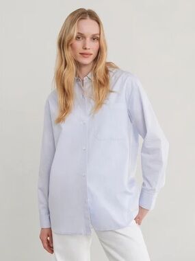 Jenni Kayne Boyfriend Shirt Med White Blue Subtle Pinstripe Classic Minimalist